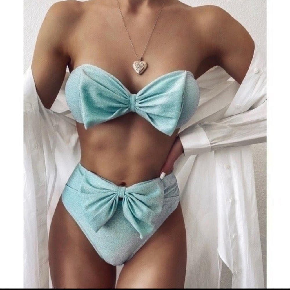 Icy Blue shimmery high waisted bow bikini - NWT